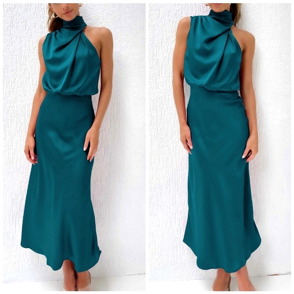 NEW Chic Draped Wrap Halter Neck Satin Midi Dress Teal Blue - Picture 7 of 9